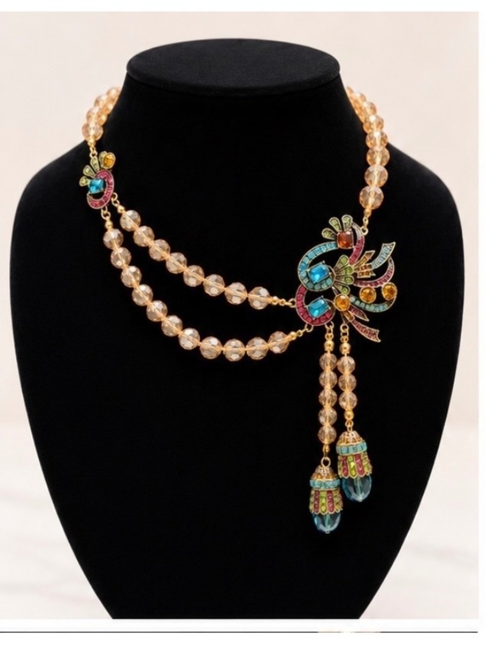 Vintage Style Colorful Crystal Beaded Statement Necklace with Ornate Pendant and
